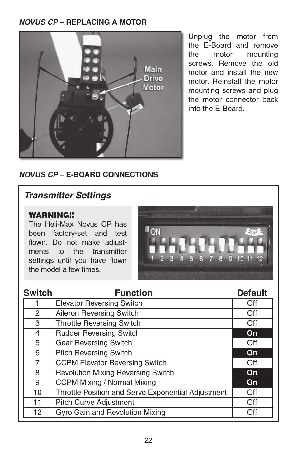 Function default switch, Transmitter settings | Heli-Max HMXE0804 User Manual | Page 22 / 32