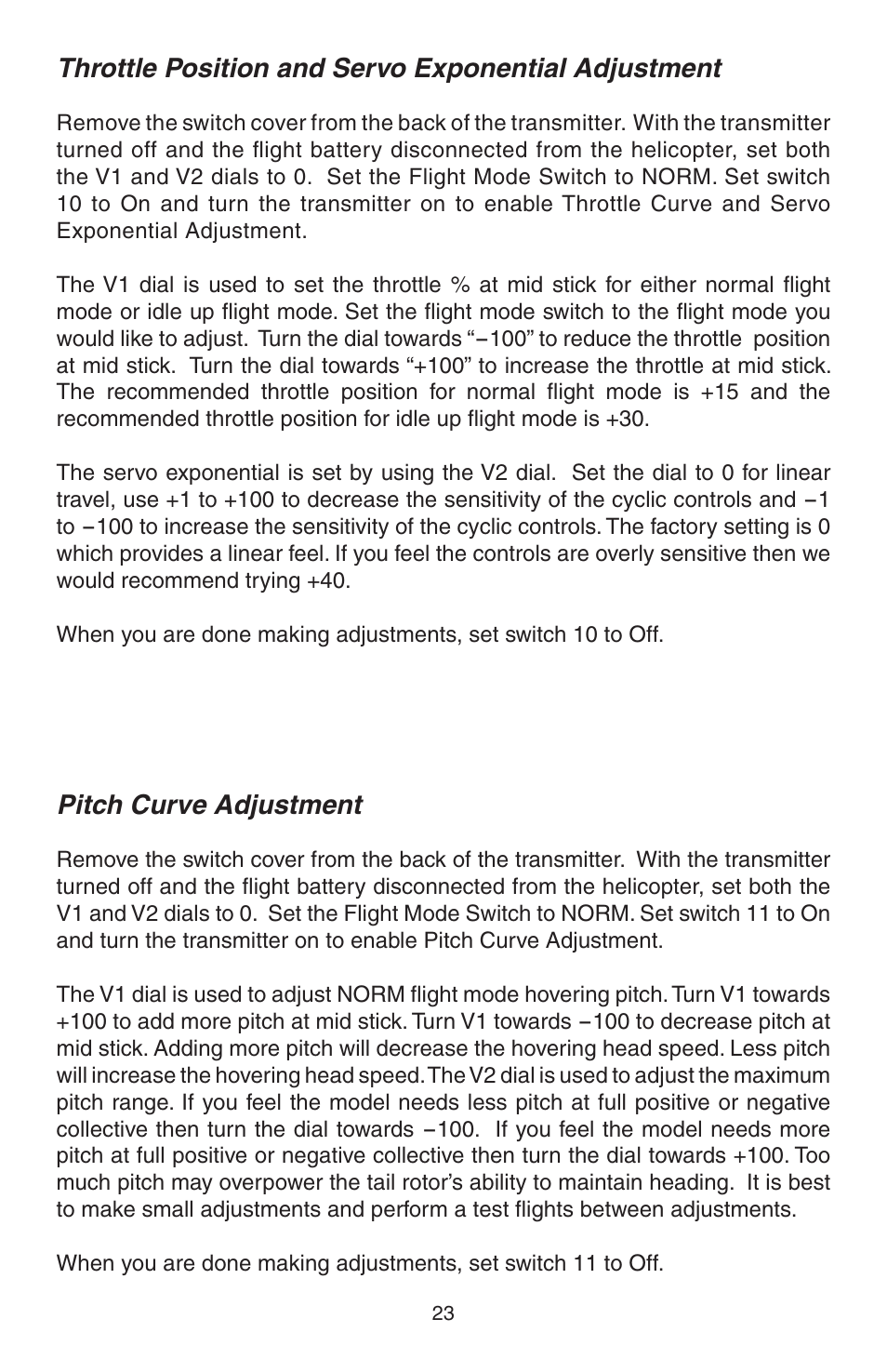 Throttle position and servo exponential adjustment, Pitch curve adjustment | Heli-Max HMXE0804 User Manual | Page 23 / 32