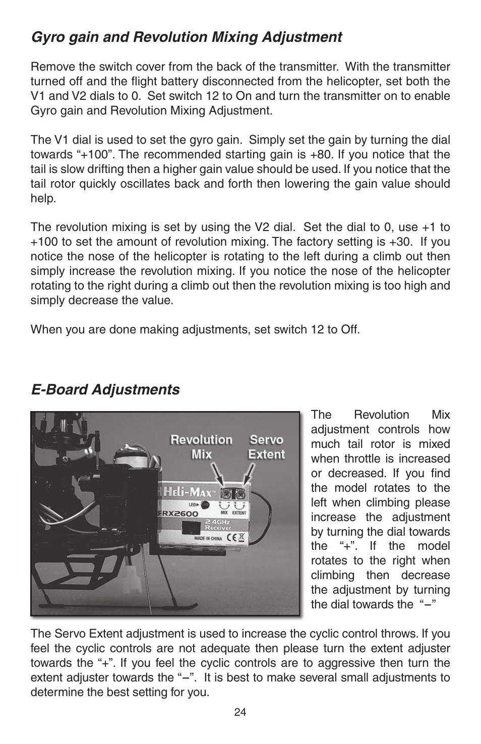 Gyro gain and revolution mixing adjustment, E-board adjustments | Heli-Max HMXE0804 User Manual | Page 24 / 32