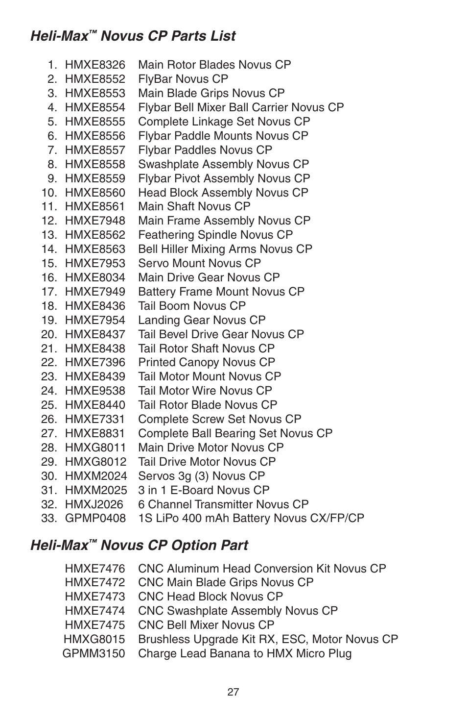 Heli-max, Novus cp parts list, Novus cp option part | Heli-Max HMXE0804 User Manual | Page 27 / 32