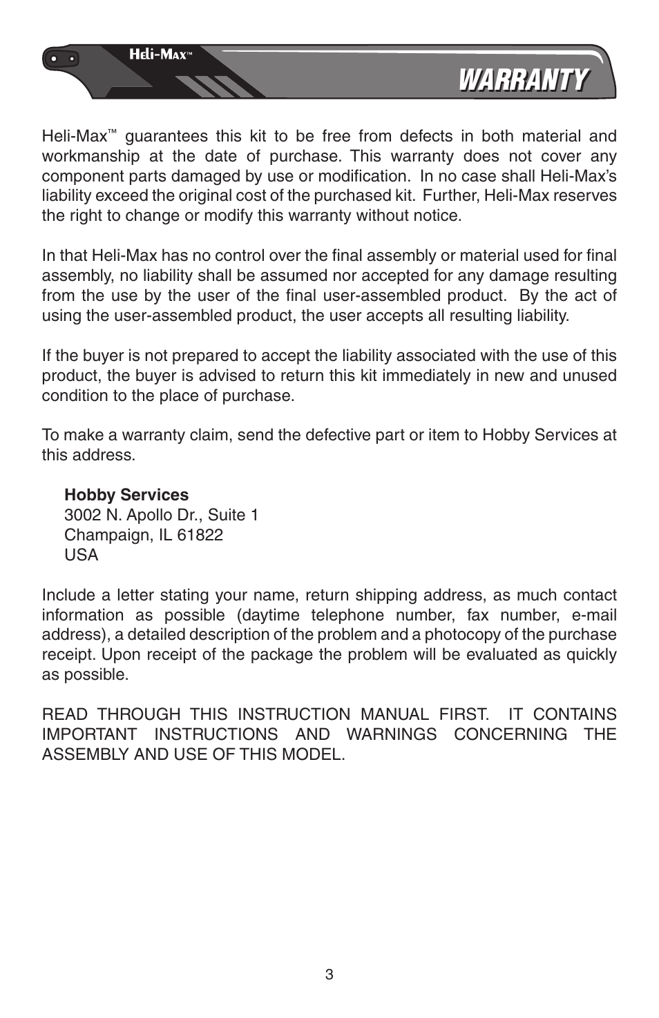 Warranty | Heli-Max HMXE0804 User Manual | Page 3 / 32