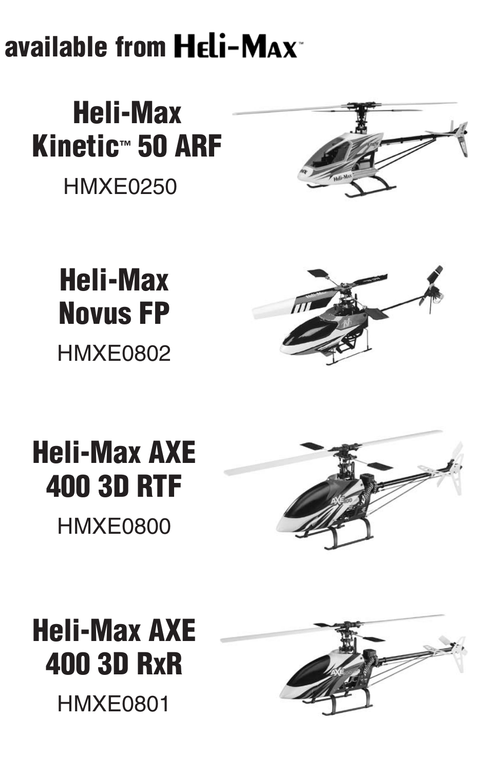 Heli-max novus fp, Heli-max kinetic, 50 arf | Heli-max axe 400 3d rtf, Heli-max axe 400 3d rxr, Other fine products available from | Heli-Max HMXE0804 User Manual | Page 31 / 32