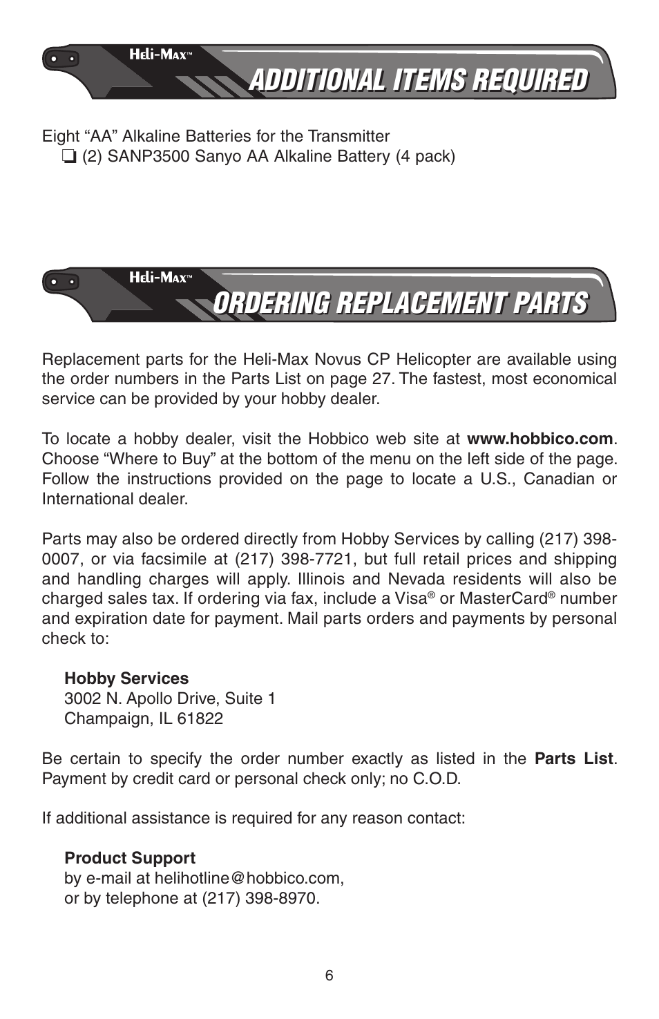 Additional items required, Ordering replacement parts | Heli-Max HMXE0804 User Manual | Page 6 / 32