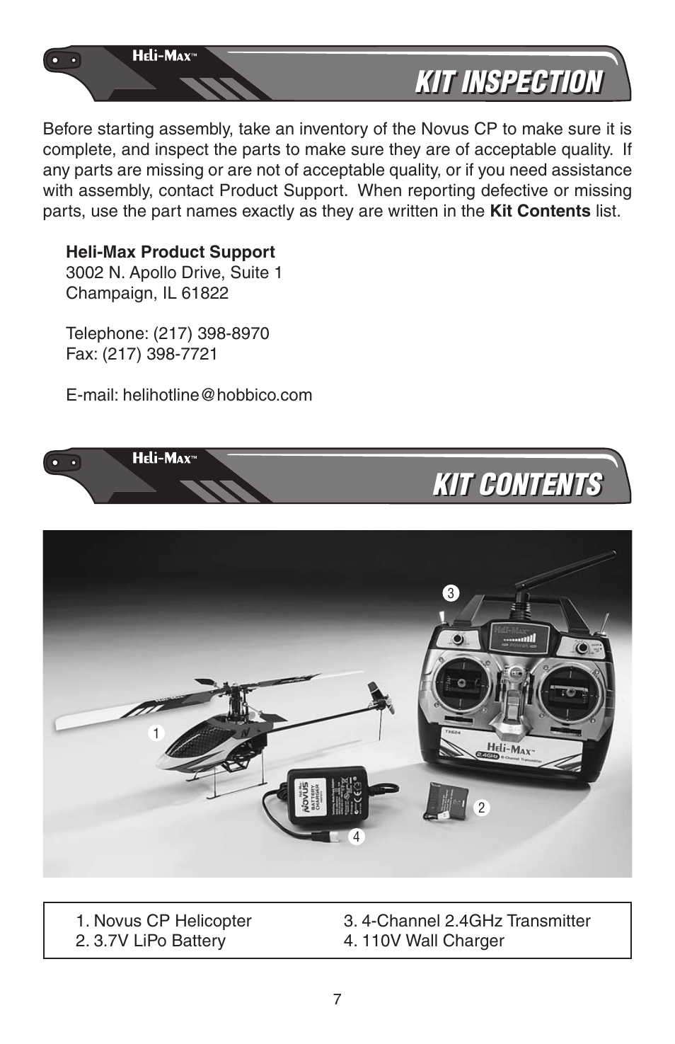 Kit inspection, Kit contents | Heli-Max HMXE0804 User Manual | Page 7 / 32