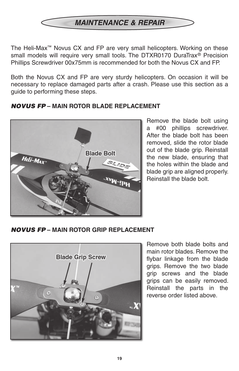 Maintenance & repair | Heli-Max HMXE0802 User Manual | Page 19 / 36