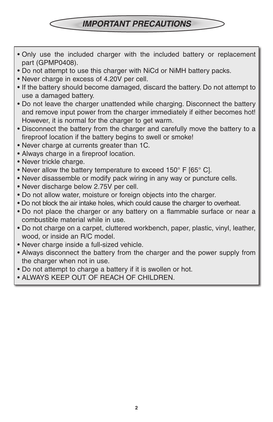 Important precautions | Heli-Max HMXE0802 User Manual | Page 2 / 36