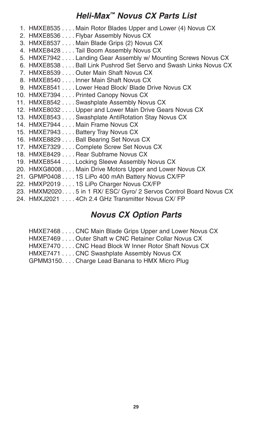 Heli-max, Novus cx parts list, Novus cx option parts | Heli-Max HMXE0802 User Manual | Page 29 / 36