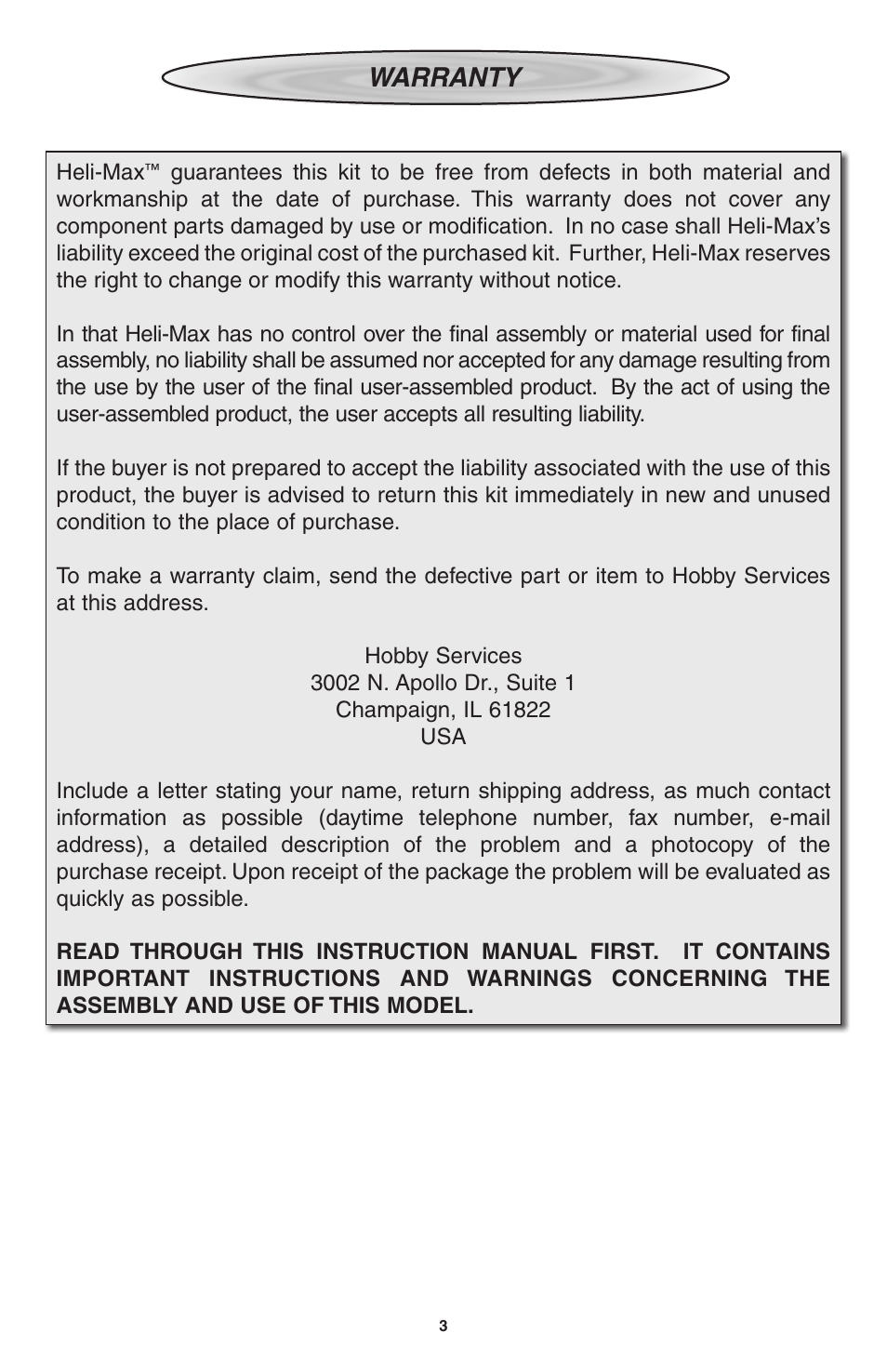 Warranty | Heli-Max HMXE0802 User Manual | Page 3 / 36