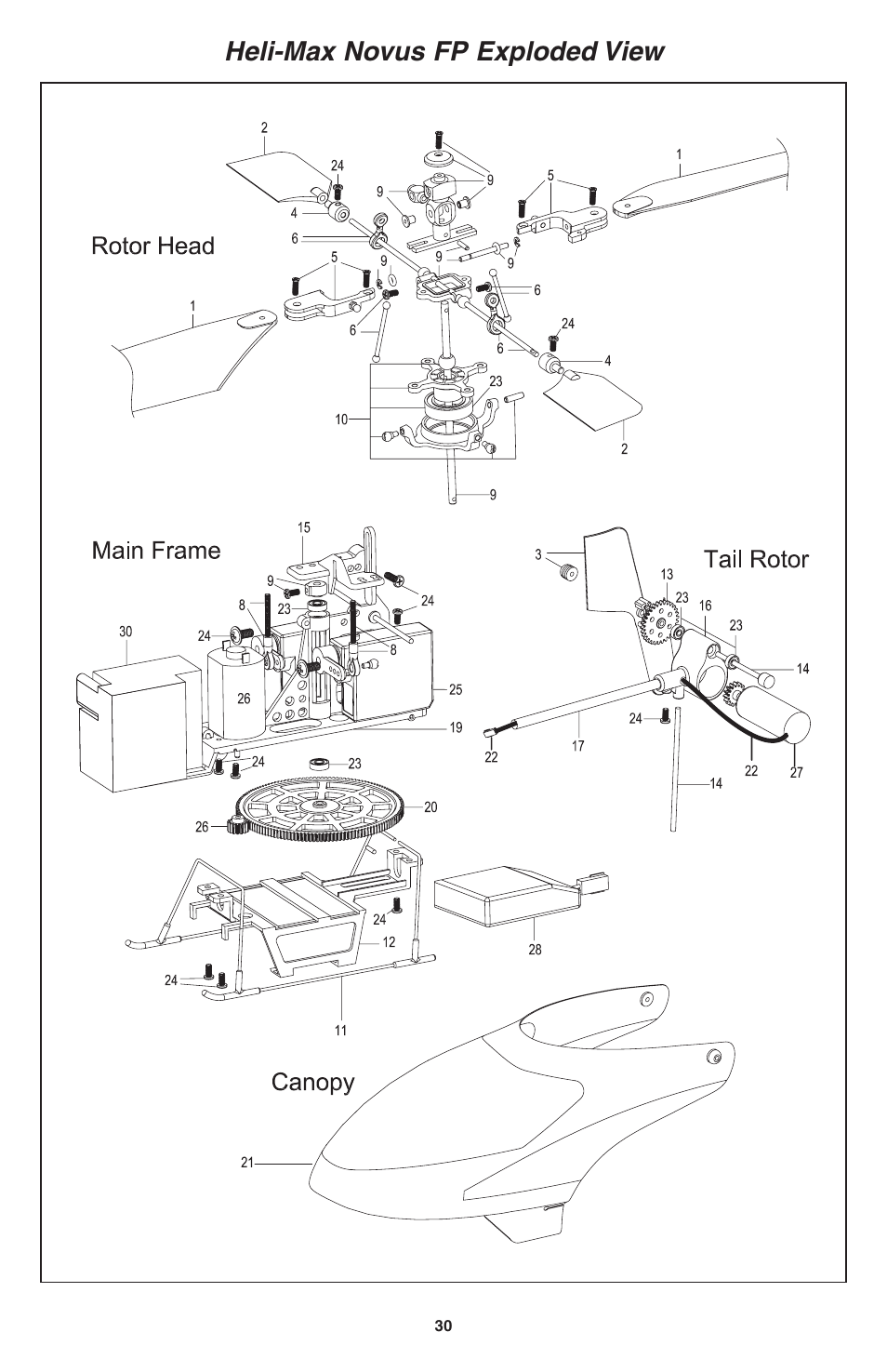 Heli-max novus fp exploded view | Heli-Max HMXE0802 User Manual | Page 30 / 36