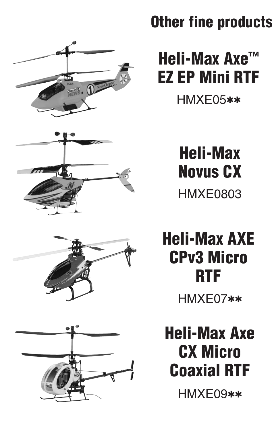 Heli-max axe, Ez ep mini rtf, Heli-max novus cx | Heli-max axe cpv3 micro rtf, Heli-max axe cx micro coaxial rtf | Heli-Max HMXE0802 User Manual | Page 34 / 36