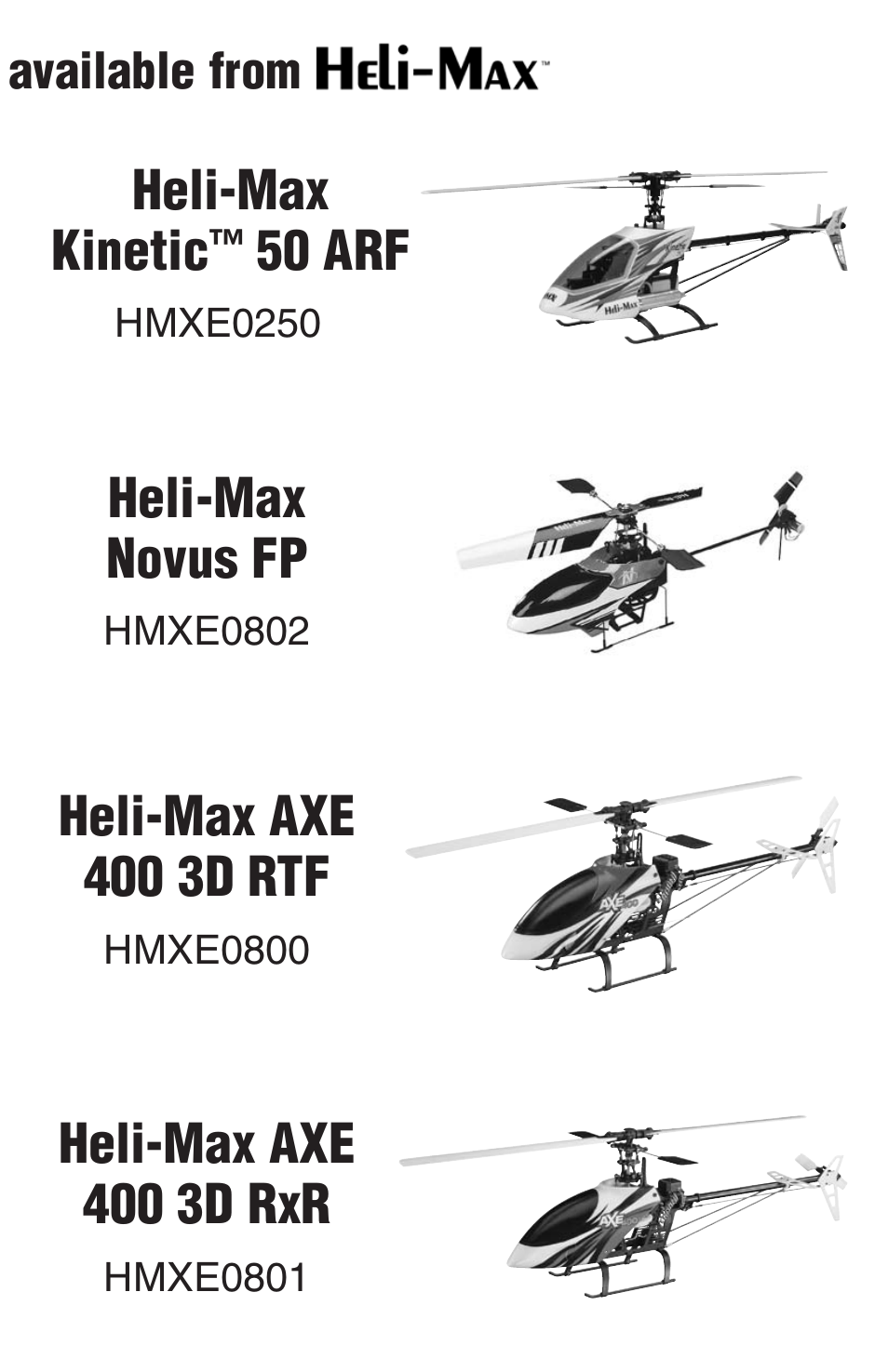 Heli-max novus fp, Heli-max kinetic, 50 arf | Heli-max axe 400 3d rtf, Heli-max axe 400 3d rxr | Heli-Max HMXE0802 User Manual | Page 35 / 36