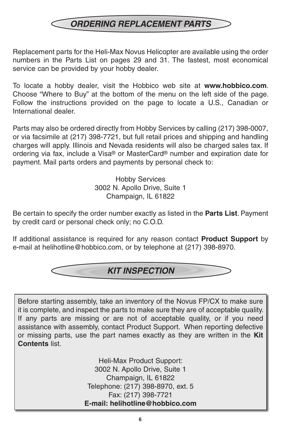 Ordering replacement parts, Kit inspection | Heli-Max HMXE0802 User Manual | Page 6 / 36