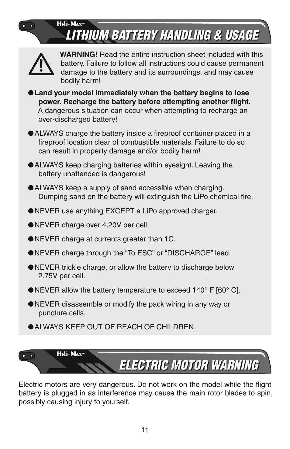 Lithium battery handling & usage, Electric motor warning | Heli-Max HMXE08 Manual User Manual | Page 11 / 32