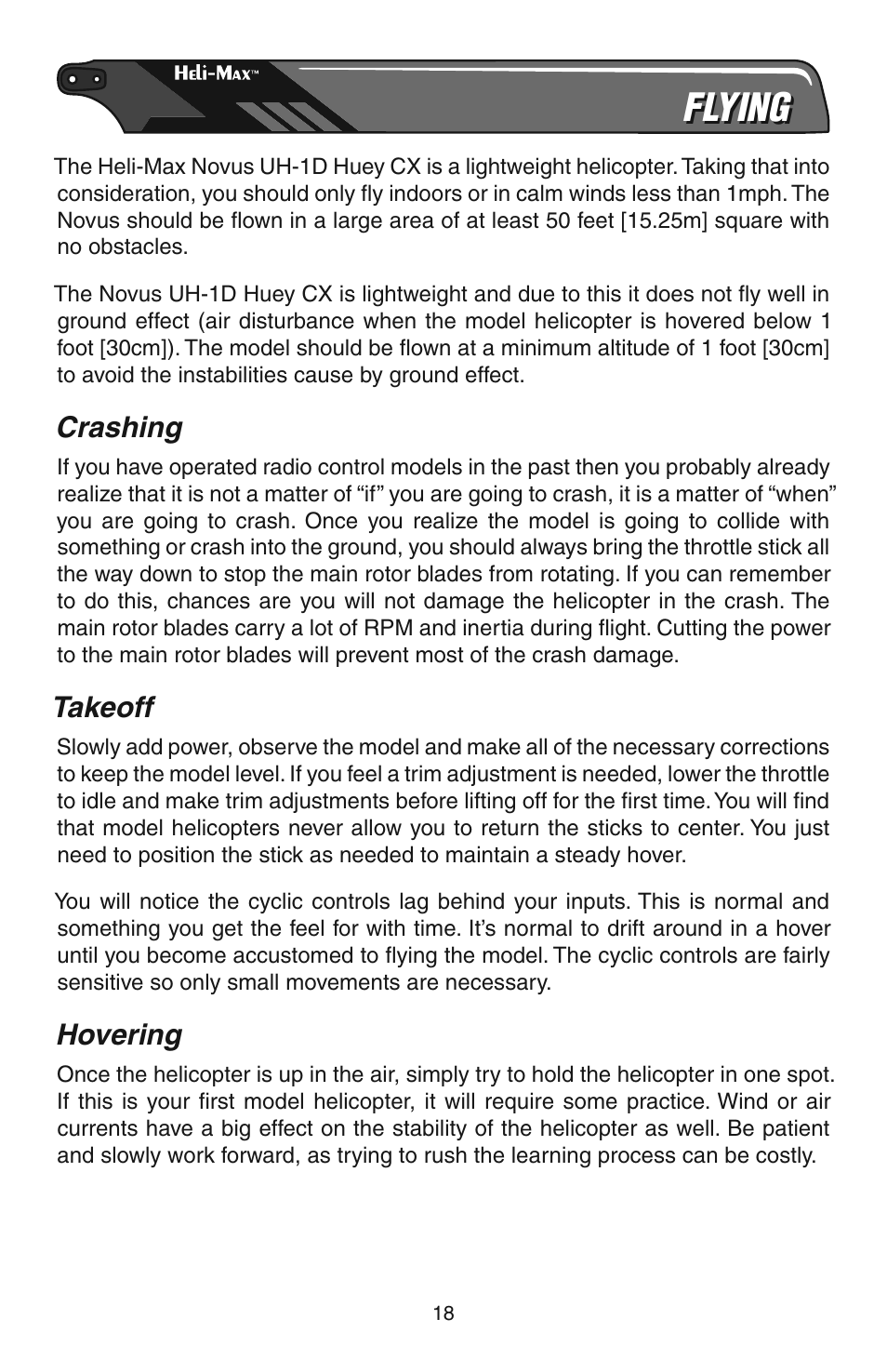 Flying, Crashing, Takeoff | Hovering | Heli-Max HMXE08 Manual User Manual | Page 18 / 32