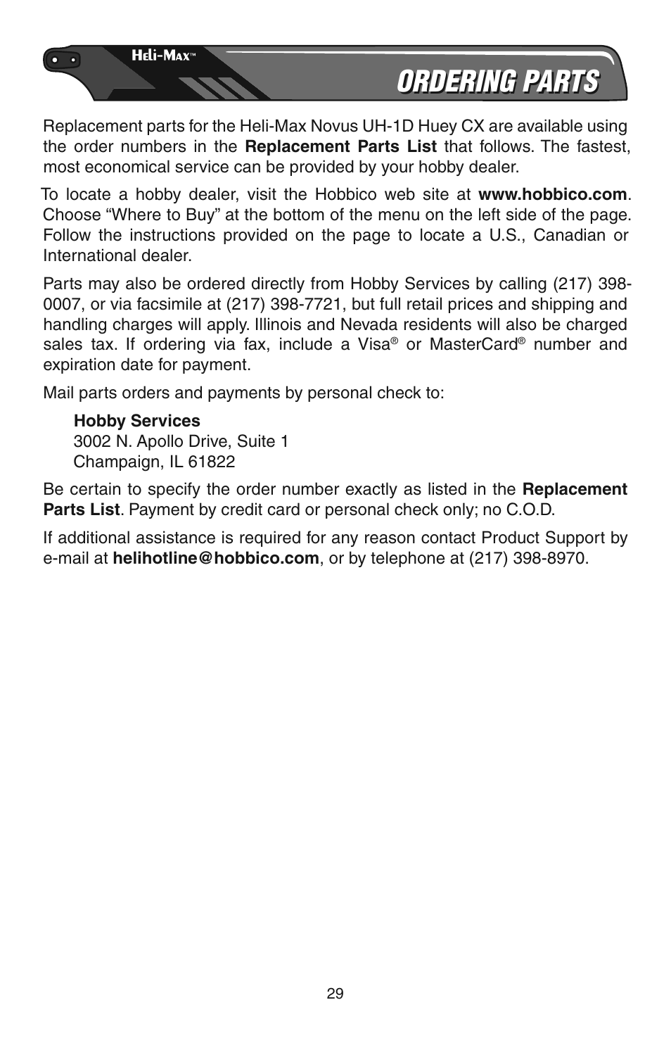 Ordering parts | Heli-Max HMXE08 Manual User Manual | Page 29 / 32