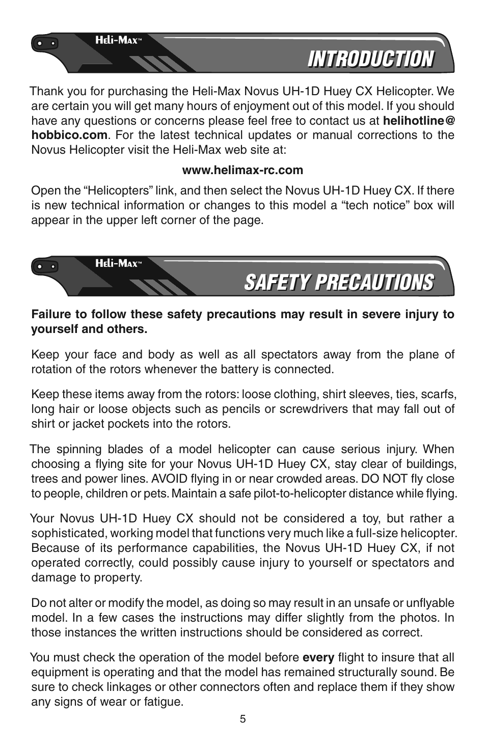 Introduction, Safety precautions | Heli-Max HMXE08 Manual User Manual | Page 5 / 32