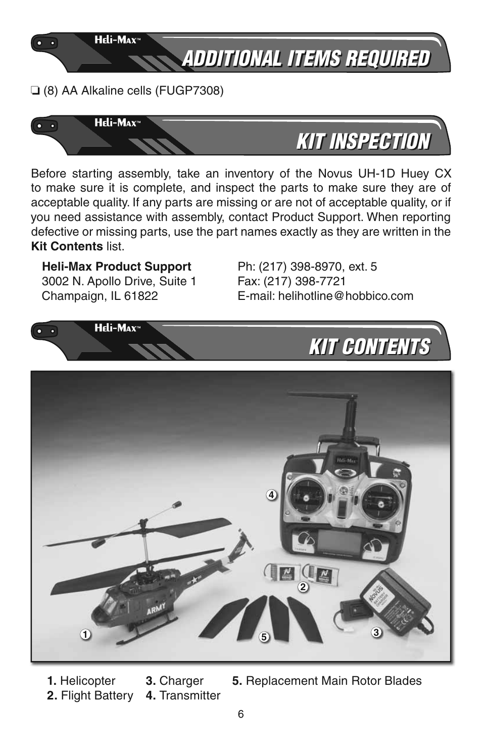 Additional items required, Kit inspection, Kit contents | Heli-Max HMXE08 Manual User Manual | Page 6 / 32