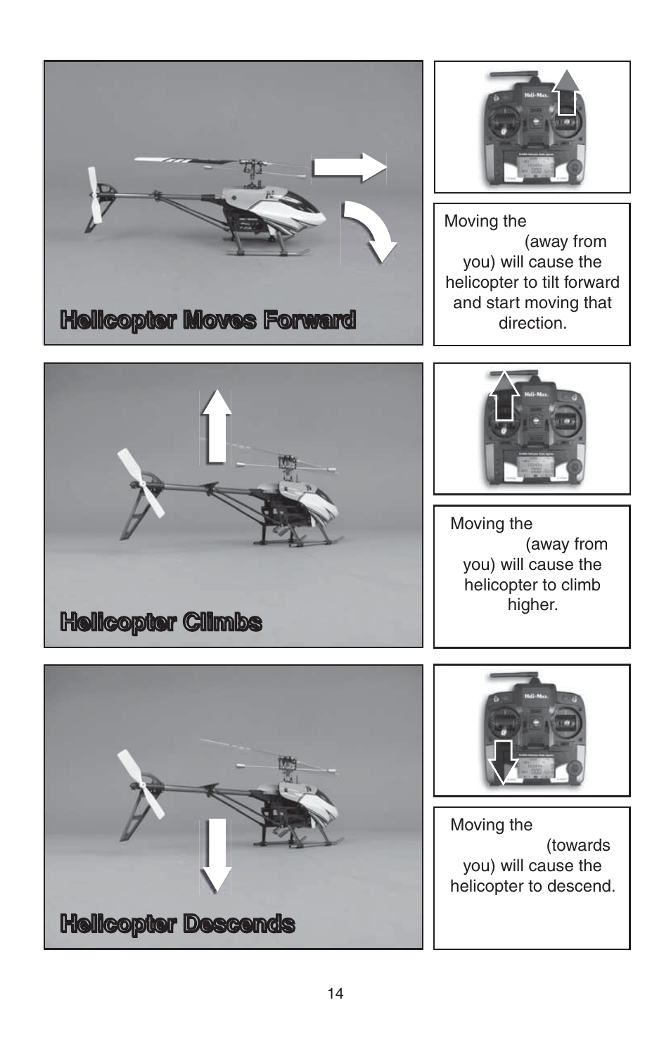 Helicopter moves forward, Helicopter climbs, Helicopter descends | Heli-Max HMXE0809 User Manual | Page 14 / 24