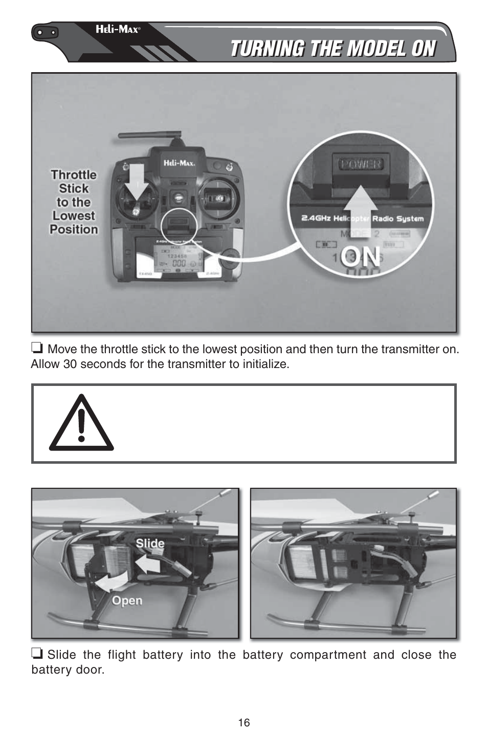 Turning the model on | Heli-Max HMXE0809 User Manual | Page 16 / 24