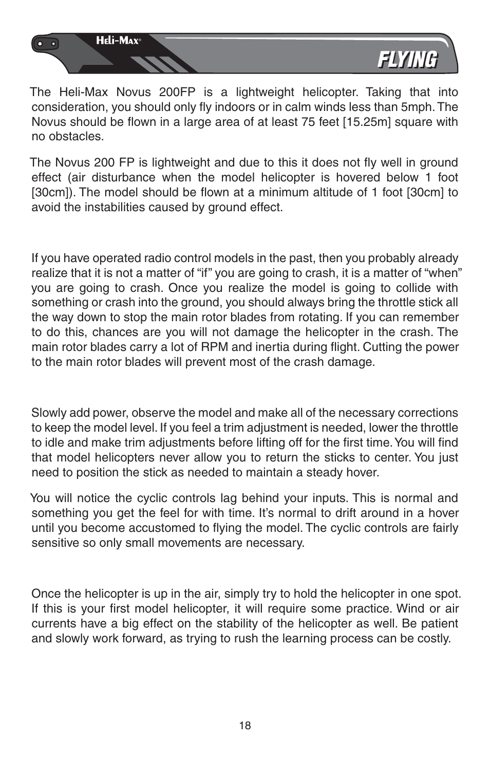 Flying, Crashing, Takeoff | Hovering | Heli-Max HMXE0809 User Manual | Page 18 / 24