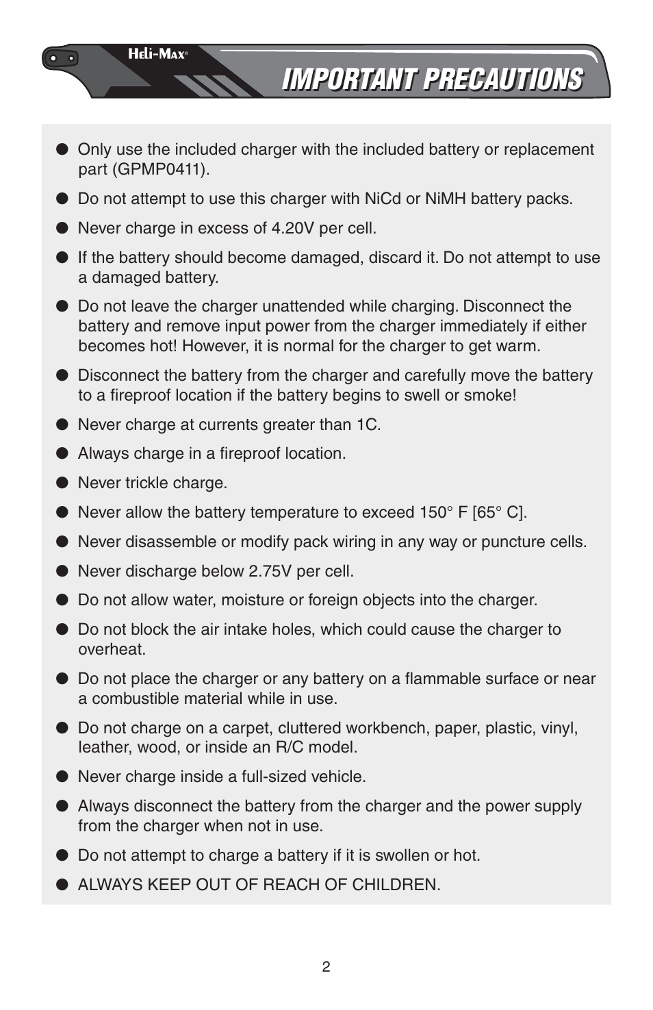 Important precautions | Heli-Max HMXE0809 User Manual | Page 2 / 24