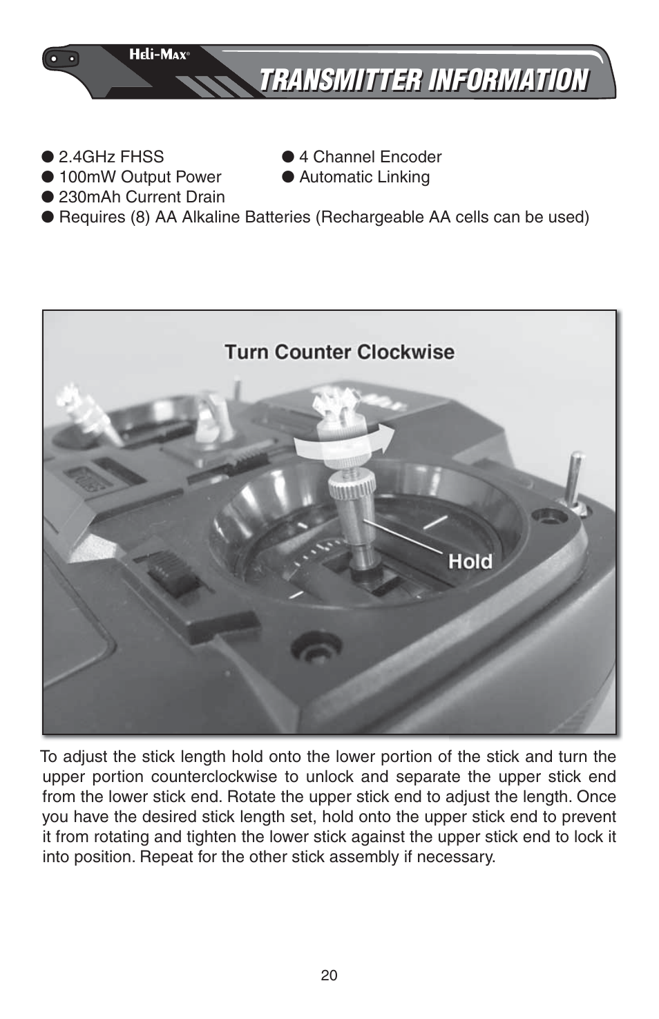 Transmitter information, Transmitter specifi cations, Stick length adjustment | Heli-Max HMXE0809 User Manual | Page 20 / 24