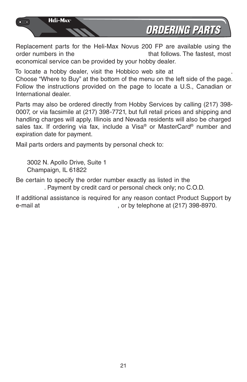 Ordering parts | Heli-Max HMXE0809 User Manual | Page 21 / 24