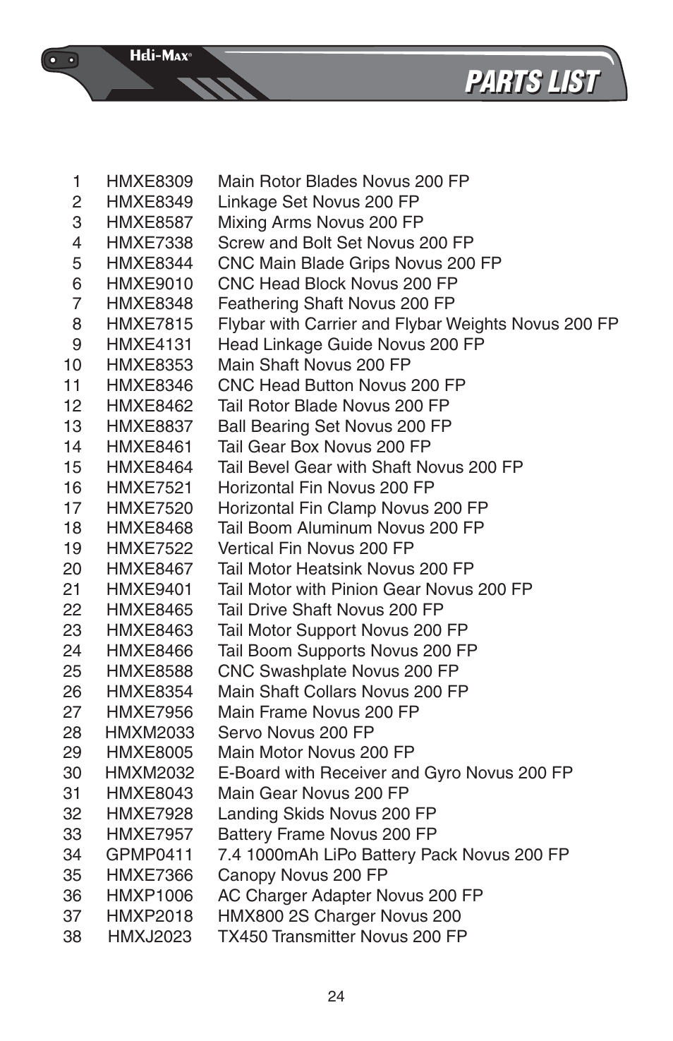 Parts list | Heli-Max HMXE0809 User Manual | Page 24 / 24