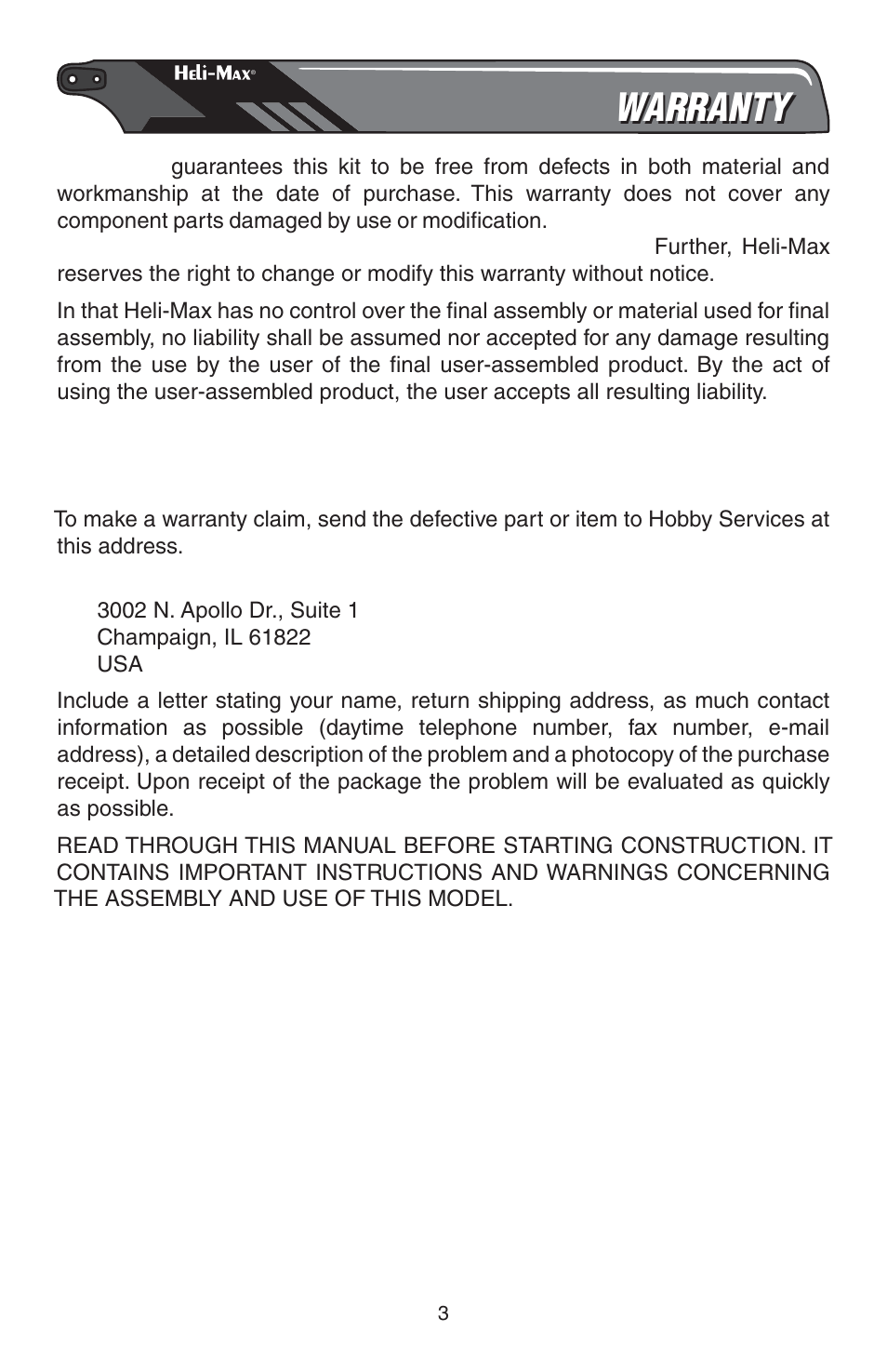Warranty | Heli-Max HMXE0809 User Manual | Page 3 / 24
