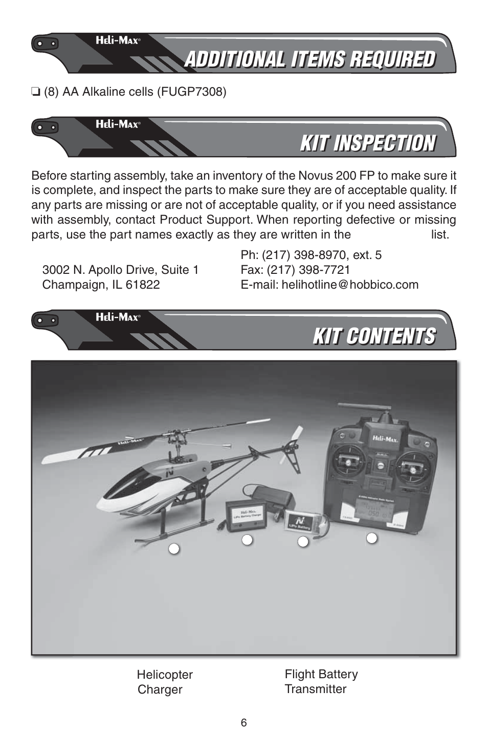 Additional items required, Kit inspection, Kit contents | Heli-Max HMXE0809 User Manual | Page 6 / 24