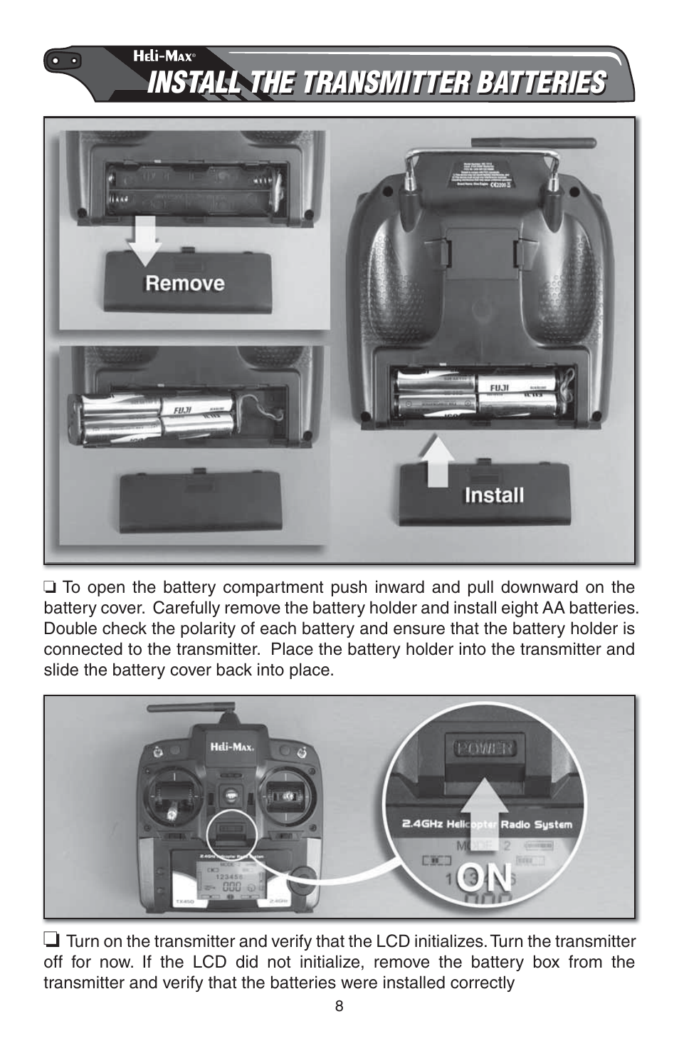 Install the transmitter batteries | Heli-Max HMXE0809 User Manual | Page 8 / 24