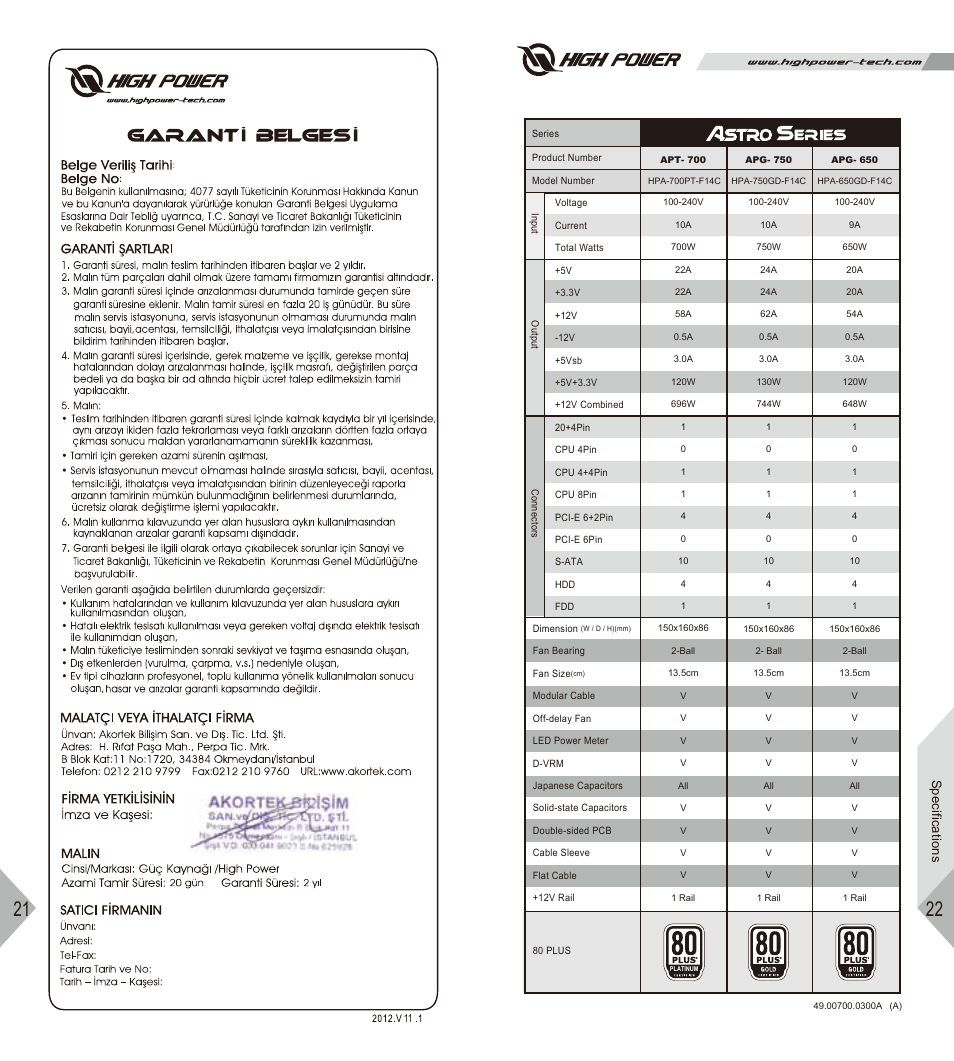 Specifications | High Power Astro Series User Manual | Page 14 / 14