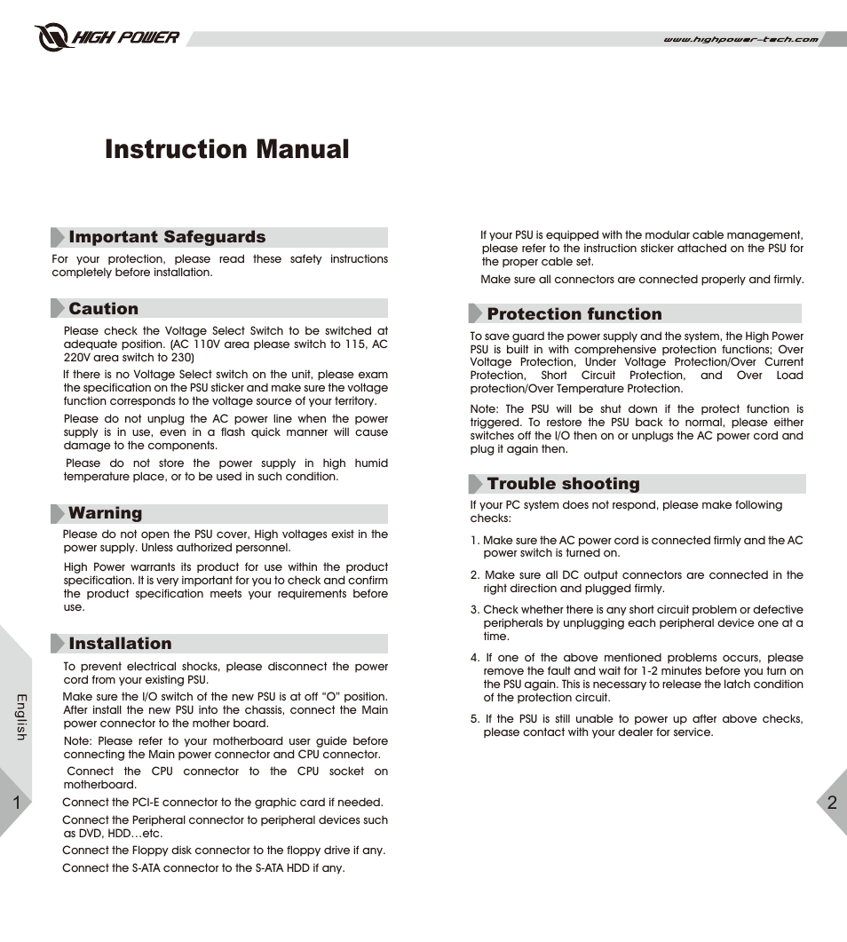 Instruction manual, Important safeguards, Caution | Warning, Installation, Protection function, Trouble shooting | High Power Astro Series User Manual | Page 4 / 14