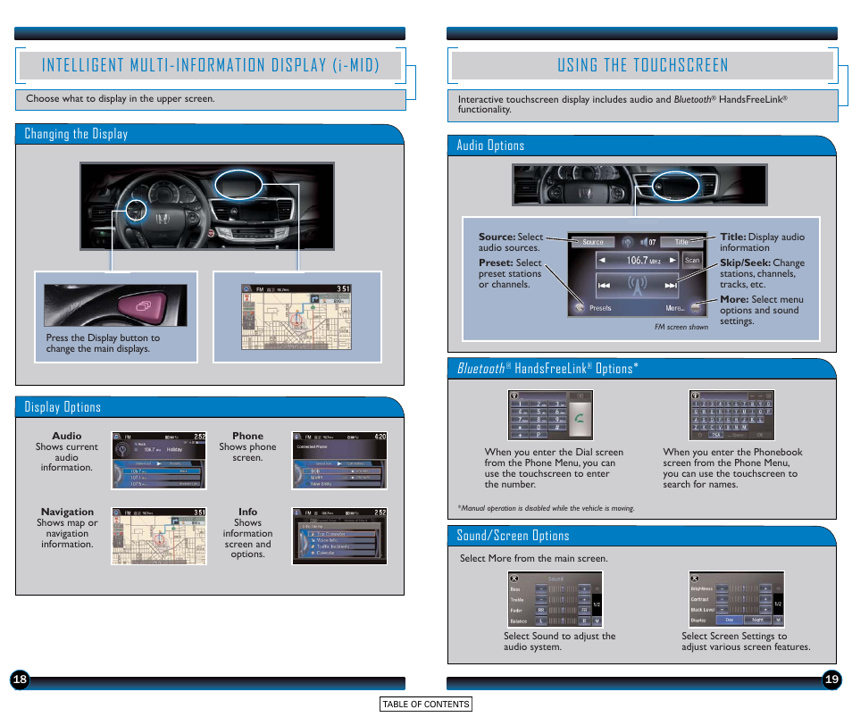 Intelligent multi-information display (i-mid), Using the touchscreen, Bluetooth | HONDA 2015 Accord Sedan (EX-L with Navigation) - Technology Reference Guide User Manual | Page 11 / 22