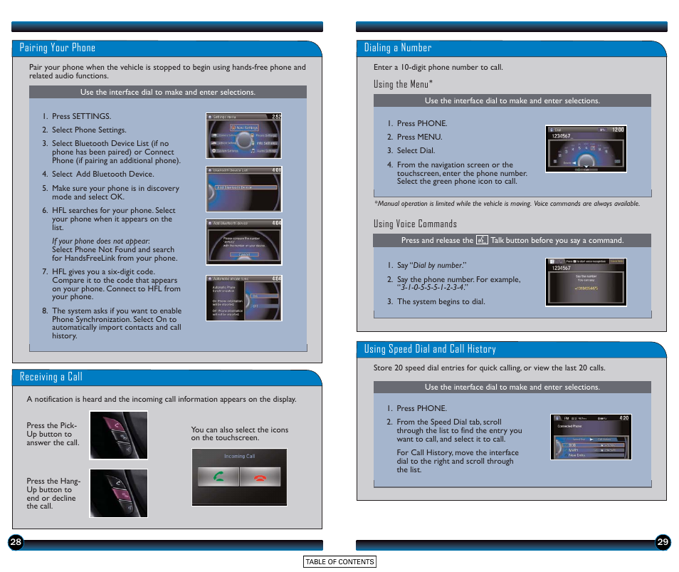 Pairing your phone, Receiving a call, Dialing a number | Using speed dial and call history | HONDA 2015 Accord Sedan (EX-L with Navigation) - Technology Reference Guide User Manual | Page 16 / 22