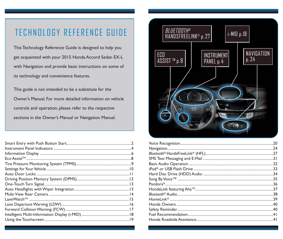 Bluetooth, Navigation p. 24, Handsfreelink | P. 27 eco assist, P. 8 instrument panel p. 4, I-mid p. 18 | HONDA 2015 Accord Sedan (EX-L with Navigation) - Technology Reference Guide User Manual | Page 2 / 22