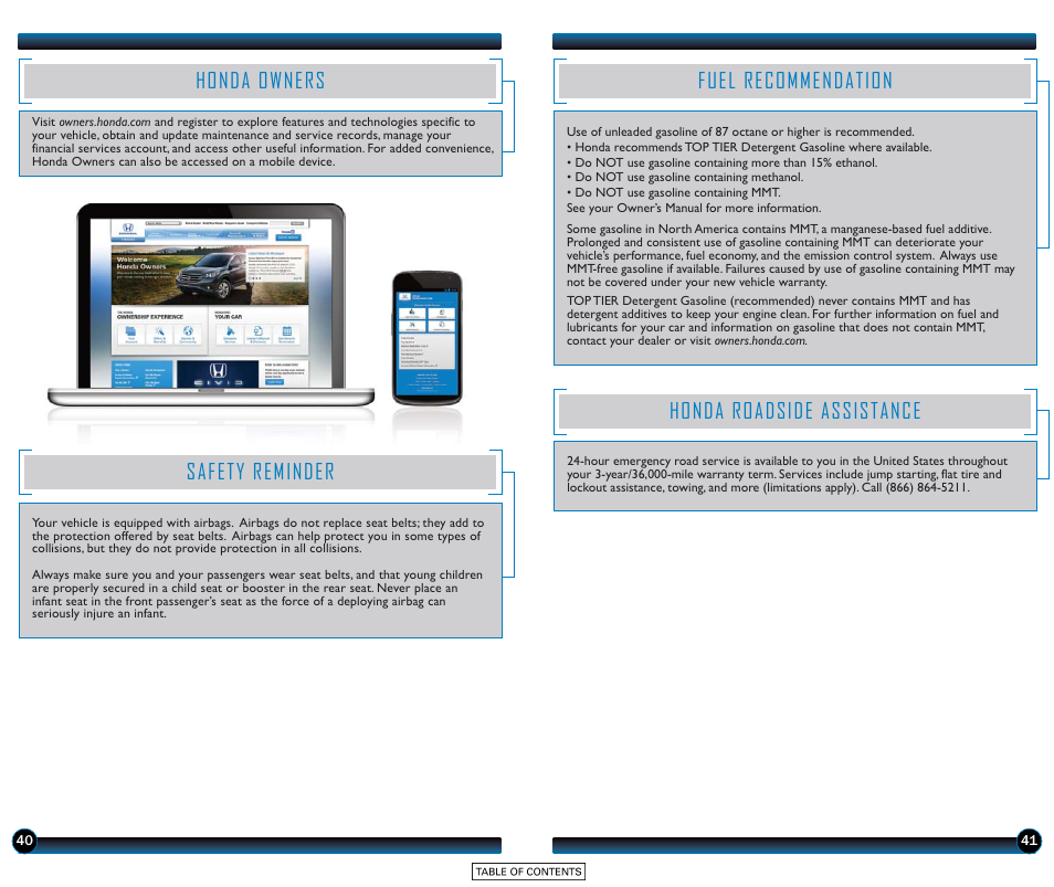 Fuel recommendation, Honda owners, Safety reminder | Honda roadside assistance | HONDA 2015 Accord Sedan (EX-L with Navigation) - Technology Reference Guide User Manual | Page 22 / 22