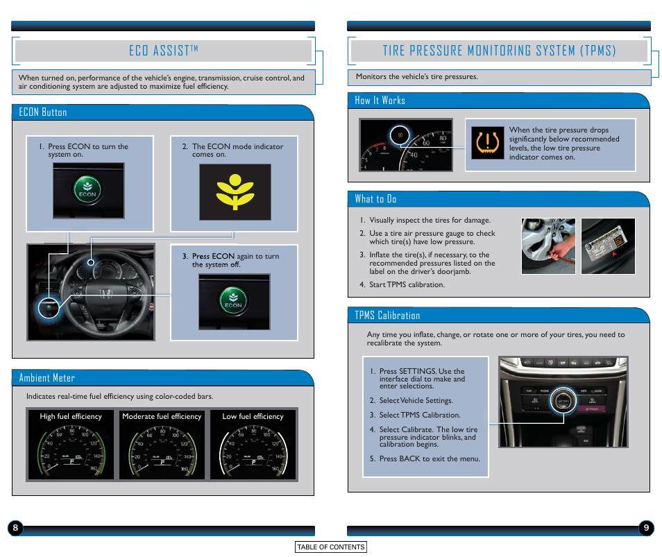 Eco assist, Tire pressure monitoring system (tpms) | HONDA 2015 Accord Sedan (EX-L with Navigation) - Technology Reference Guide User Manual | Page 6 / 22