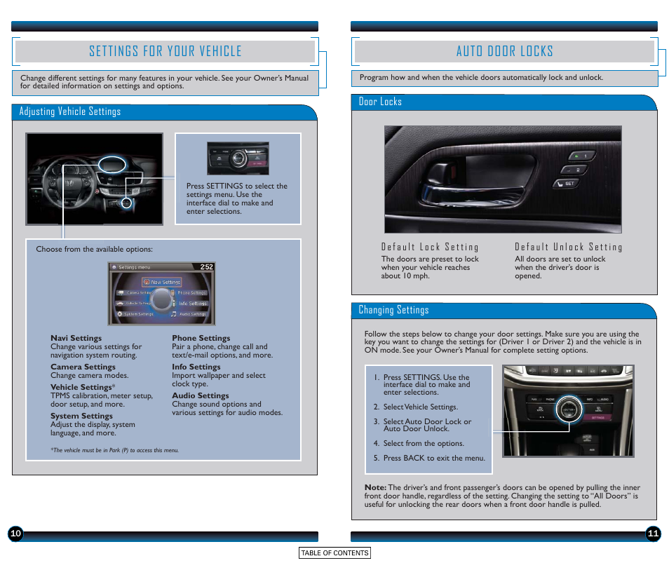 Settings for your vehicle auto door locks, Settings for your vehicle, Auto door locks | HONDA 2015 Accord Sedan (EX-L with Navigation) - Technology Reference Guide User Manual | Page 7 / 22