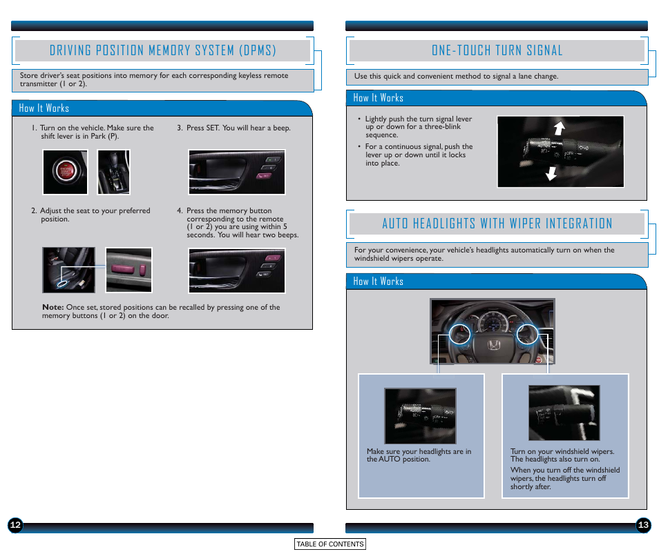 One-touch turn signal, Auto headlights with wiper integration | HONDA 2015 Accord Sedan (EX-L with Navigation) - Technology Reference Guide User Manual | Page 8 / 22