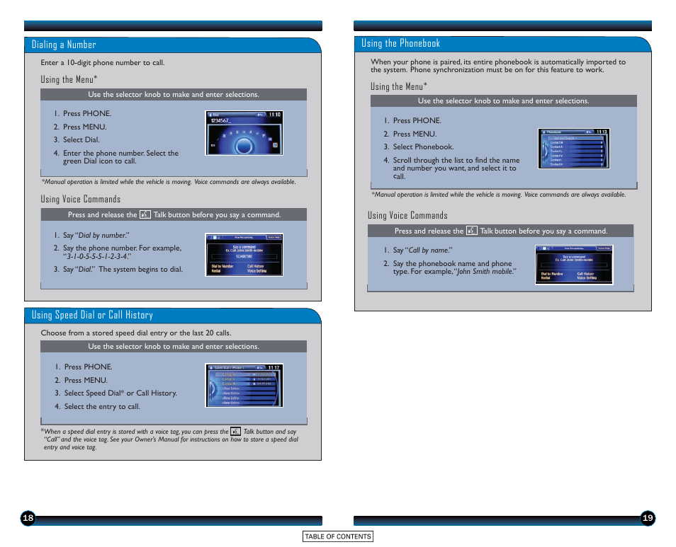 Dialing a number, Using speed dial or call history, Using the phonebook | HONDA 2015 Accord Sedan (LX, Sport, and EX) - Technology Reference Guide User Manual | Page 11 / 15