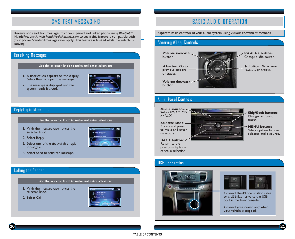 Sms text messaging, Basic audio operation | HONDA 2015 Accord Sedan (LX, Sport, and EX) - Technology Reference Guide User Manual | Page 12 / 15