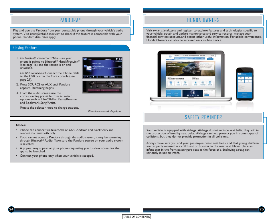 Pandora, Honda owners, Safety reminder | Playing pandora | HONDA 2015 Accord Sedan (LX, Sport, and EX) - Technology Reference Guide User Manual | Page 14 / 15