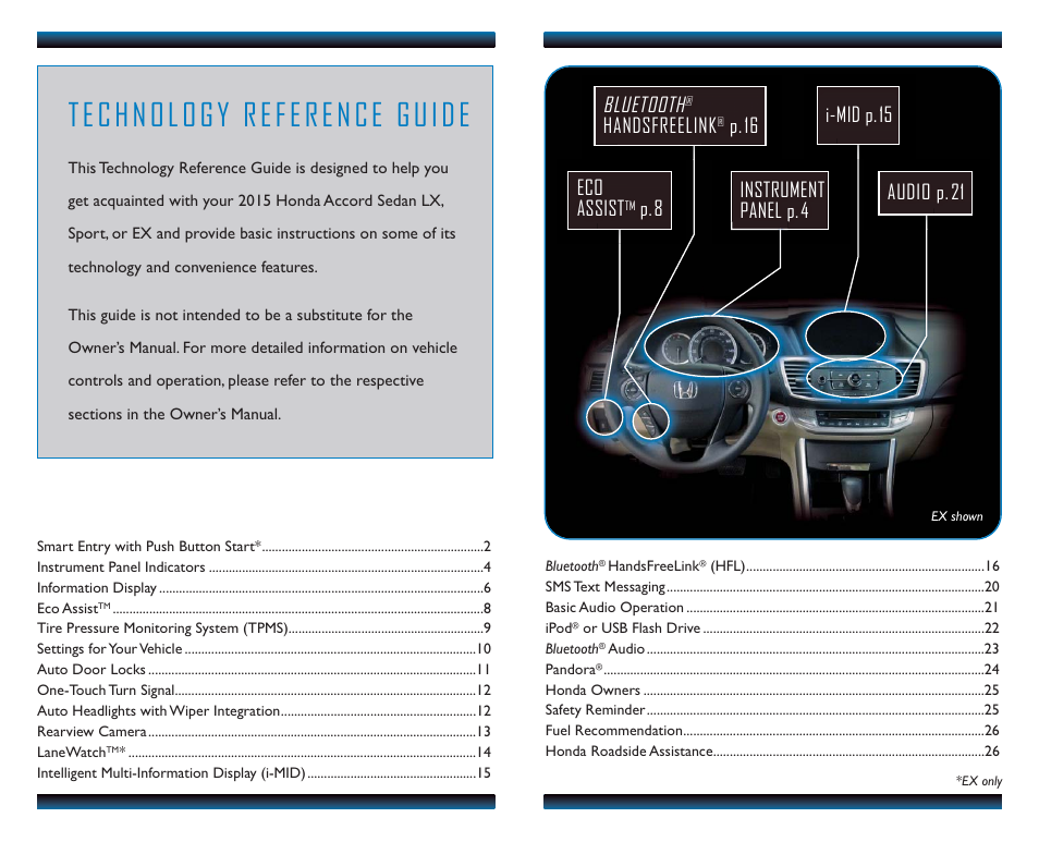 Bluetooth, Audio p. 21, Handsfreelink | P. 16 eco assist, P. 8 instrument panel p. 4 i-mid p. 15 | HONDA 2015 Accord Sedan (LX, Sport, and EX) - Technology Reference Guide User Manual | Page 2 / 15