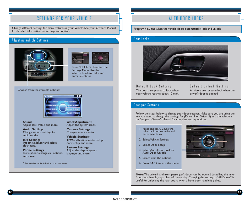 Settings for your vehicle, Auto door locks | HONDA 2015 Accord Sedan (LX, Sport, and EX) - Technology Reference Guide User Manual | Page 7 / 15