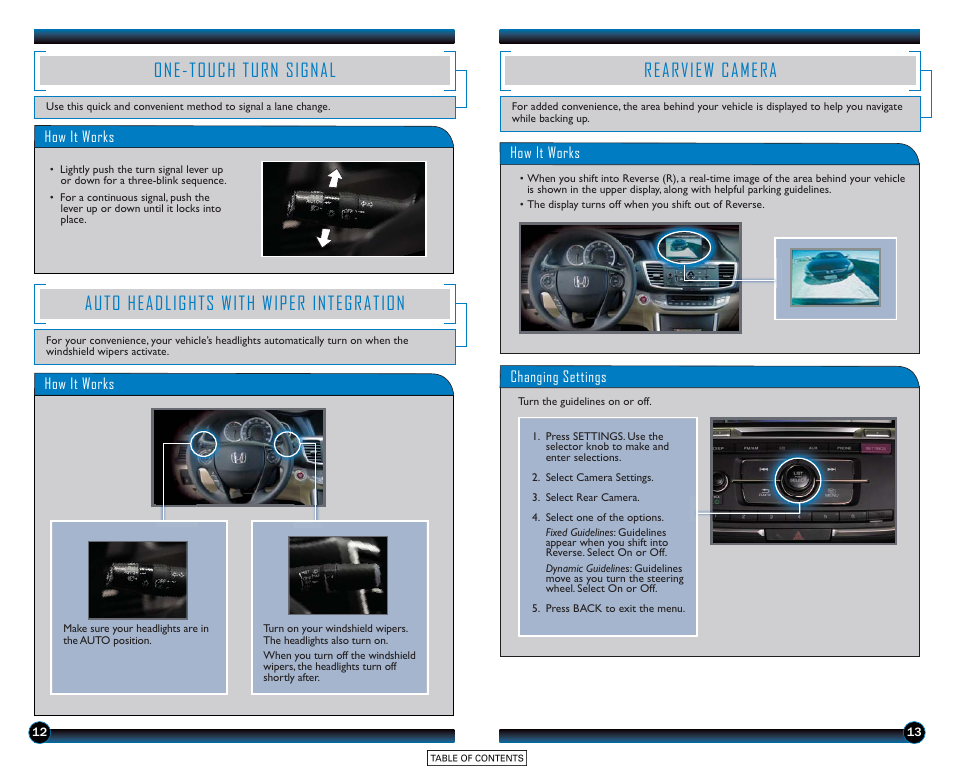 One-touch turn signal, Auto headlights with wiper integration, Rearview camera | HONDA 2015 Accord Sedan (LX, Sport, and EX) - Technology Reference Guide User Manual | Page 8 / 15