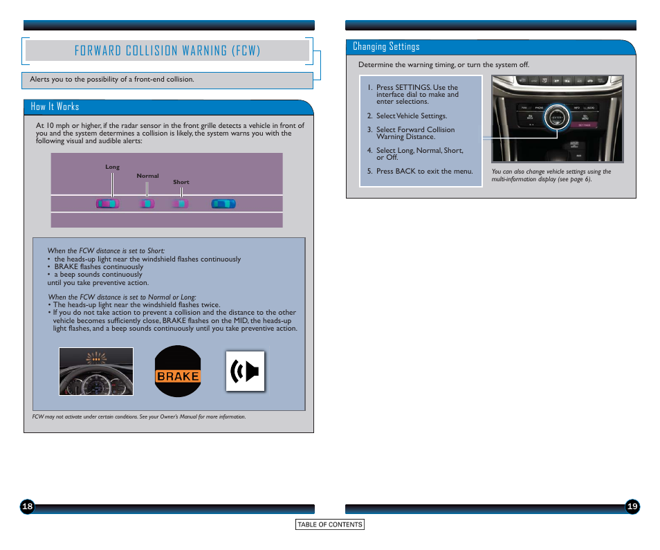 Forward collision warning (fcw), Changing settings, How it works | HONDA 2015 Accord Sedan (Touring) - Technology Reference Guide User Manual | Page 11 / 24