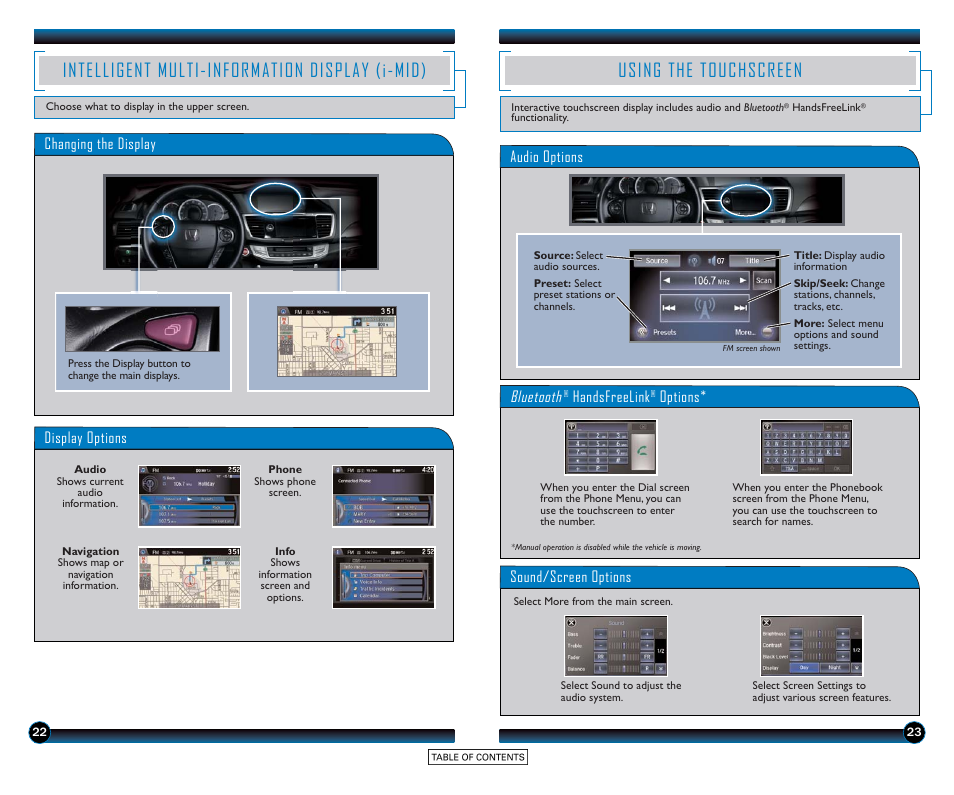 Using the touchscreen, Intelligent multi-information display (i-mid), Display options | Changing the display, Audio options, Bluetooth, Handsfreelink, Options* sound/screen options | HONDA 2015 Accord Sedan (Touring) - Technology Reference Guide User Manual | Page 13 / 24
