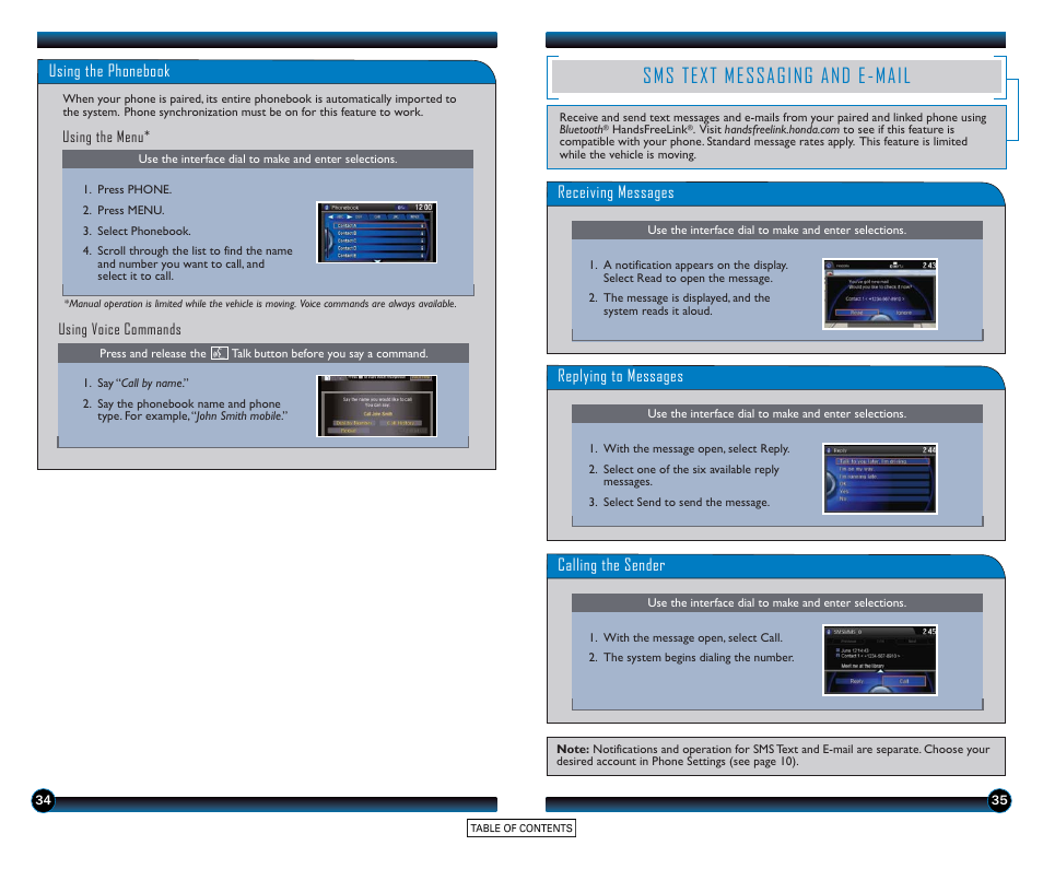 Sms text messaging and e-mail, Using the phonebook, Receiving messages | Replying to messages, Calling the sender | HONDA 2015 Accord Sedan (Touring) - Technology Reference Guide User Manual | Page 19 / 24