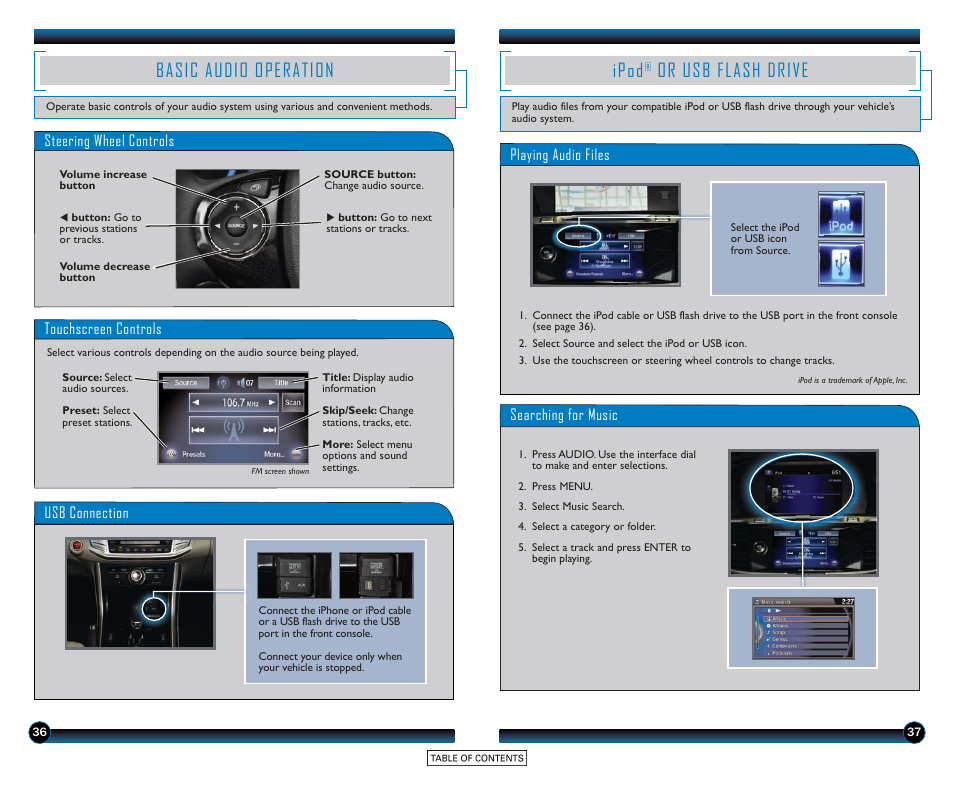 Basic audio operation ipod, Or usb flash drive, Basic audio operation | Ipod | HONDA 2015 Accord Sedan (Touring) - Technology Reference Guide User Manual | Page 20 / 24